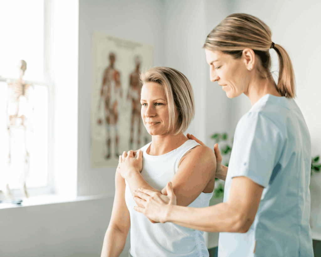 A healthcare professional assists a woman with a shoulder exercise in a brightly lit clinic, referencing the Breast Cancer Rehab online program