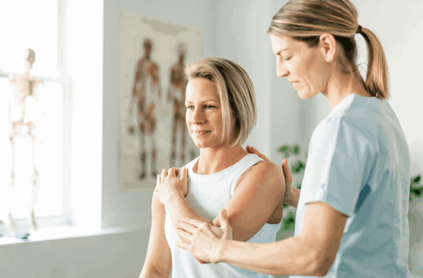 A healthcare professional assists a woman with a shoulder exercise in a brightly lit clinic, referencing the Breast Cancer Rehab online program