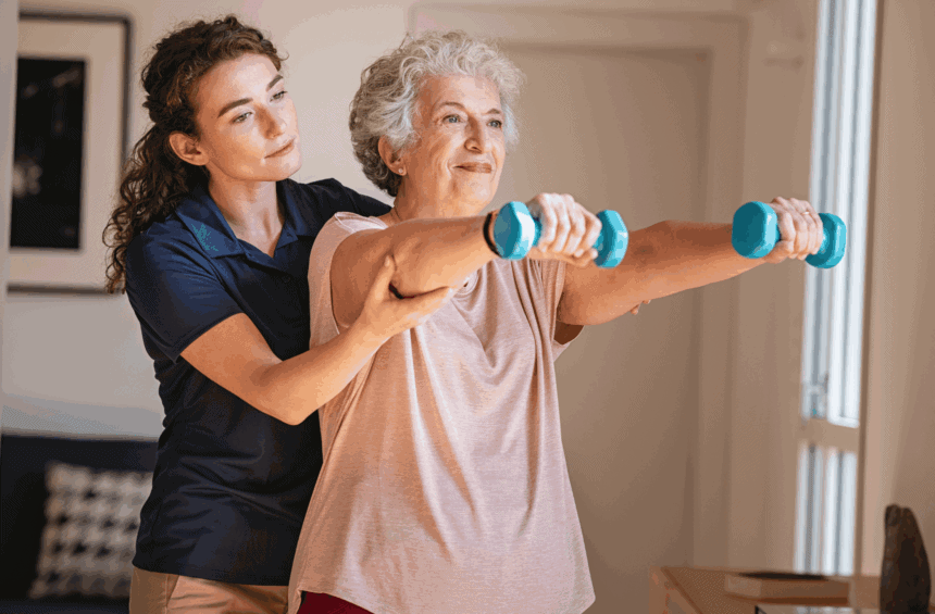 A young caregiver assists an older woman with gray hair as she lifts small blue dumbbells
