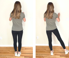 A physical therapist demonstrates 7 Lymphedema Leg Exercises to Reduce Swelling: first standing upright, then kicking one leg out to the side, completing a hip abduction exercise , using a hand on the wall for support.