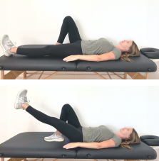 A physical therapist demonstrates one of the 7 Lymphedema Leg Exercises to Reduce Swelling: lying on her back, she raises a straight leg while the other is bent.