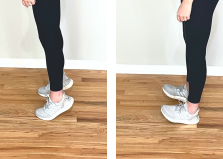 Two side-by-side images show a person in black leggings and gray sneakers demonstrating a heel-to-toe raises—one of the 7 Lymphedema Leg Exercises to Reduce Swelling—on a wooden floor against a light-colored wall.