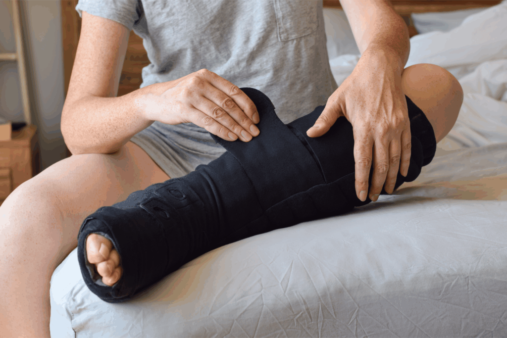 A person sitting on a bed adjusts a black lymphedema night compression garment, possibly after Lymphedema Leg Exercises, on their injured, bent leg elevated on the bed. Their toes are visible, and they are wearing a gray shirt.