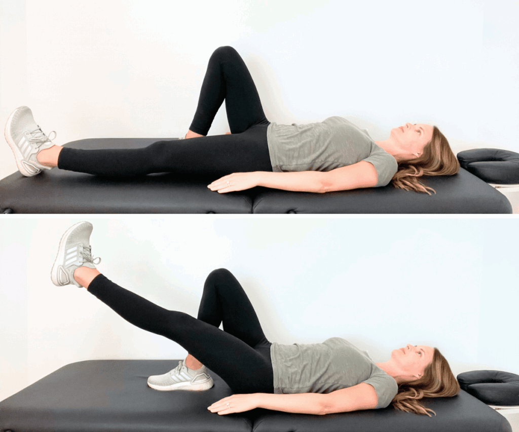 Kelly Sturm, a physical therapist, demonstrates lymphedema leg exercises: lying on her back, she bends one knee while keeping the other leg straight. In the next step, she lifts the straight leg upward, maintaining full extension.