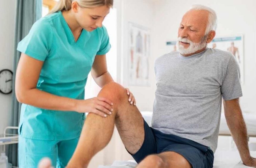 A healthcare professional examines an elderly man's knee in a medical office, checking for ways to reduce fluid for knee swelling as the man watches during the gentle assessment.