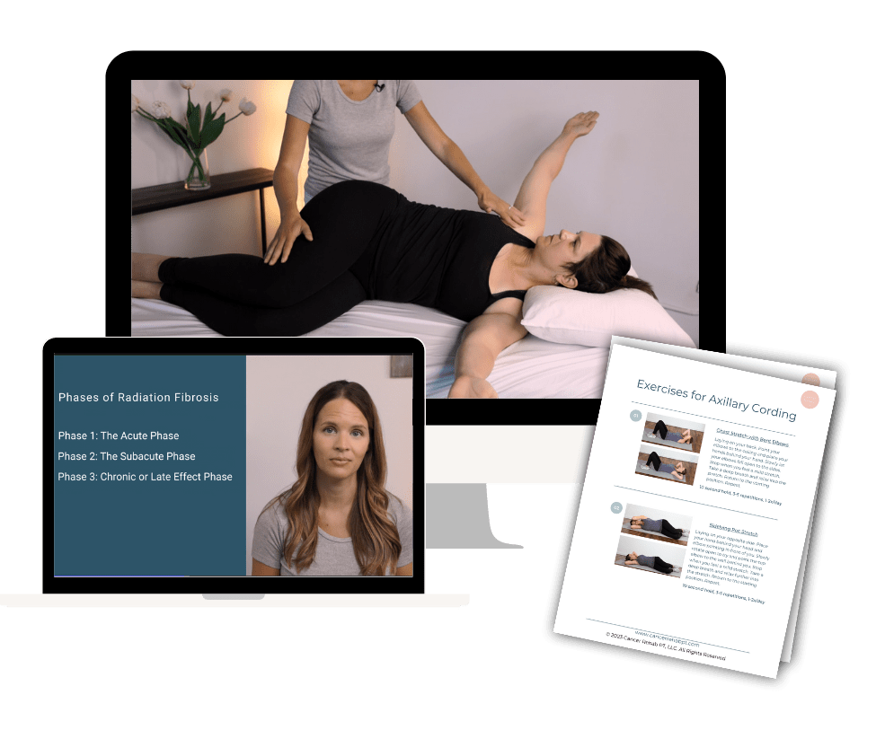 A collage showing a computer, tablet, and stacked papers displaying a woman demonstrating a physical therapy technique, a close-up of hands massaging a back, educational slides, and printed exercise instructions.