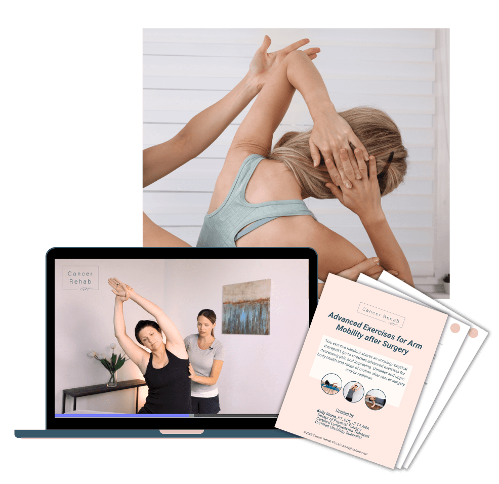 A laptop displays a physical therapist guiding a woman through arm exercises, with “Cancer Rehab PT” on screen. In front, handouts are shown, and an email of a woman with blue tank doing a shoulder exercise