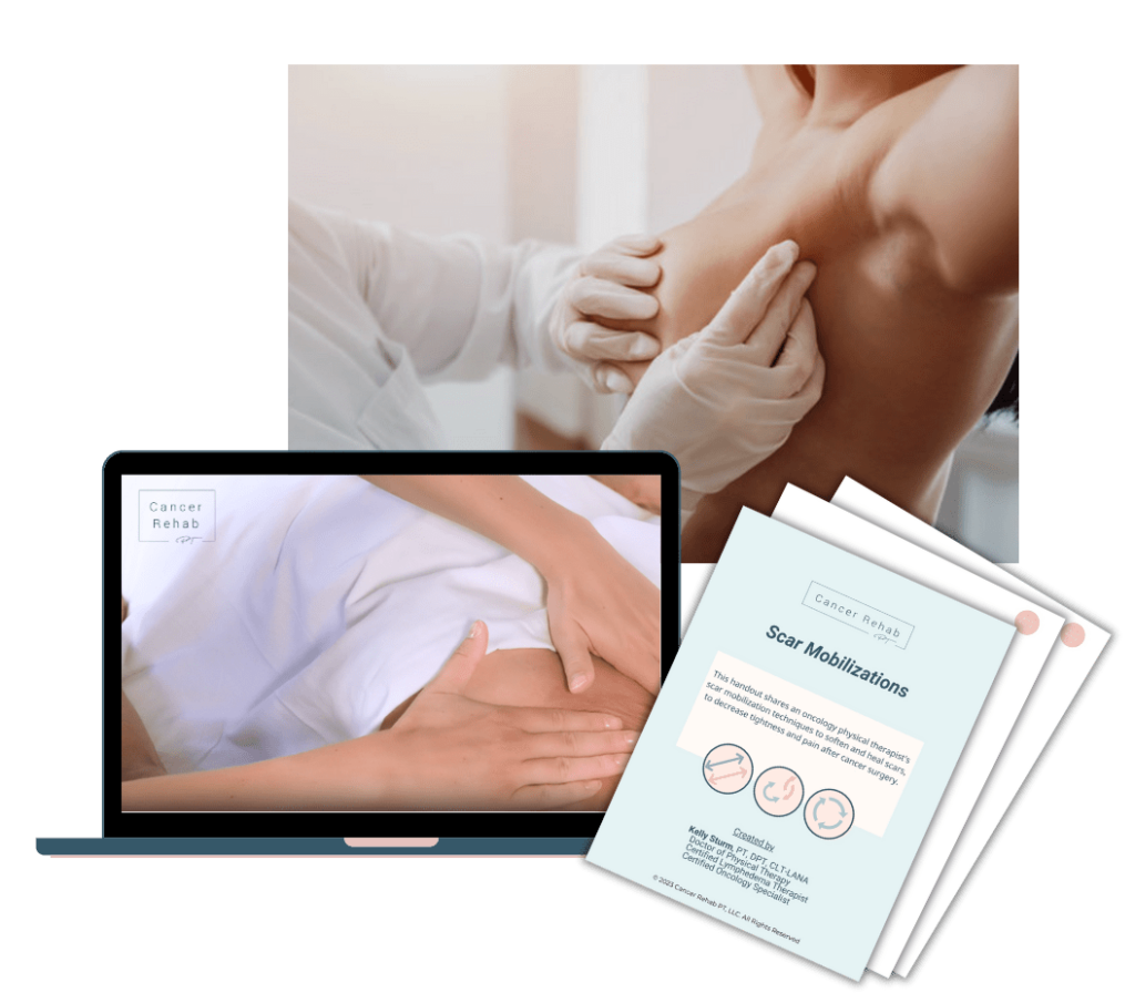 a woman getting a breast exam done for medical reasons, a laptop showing manual physical therapy interventions and scar tissue resources handouts