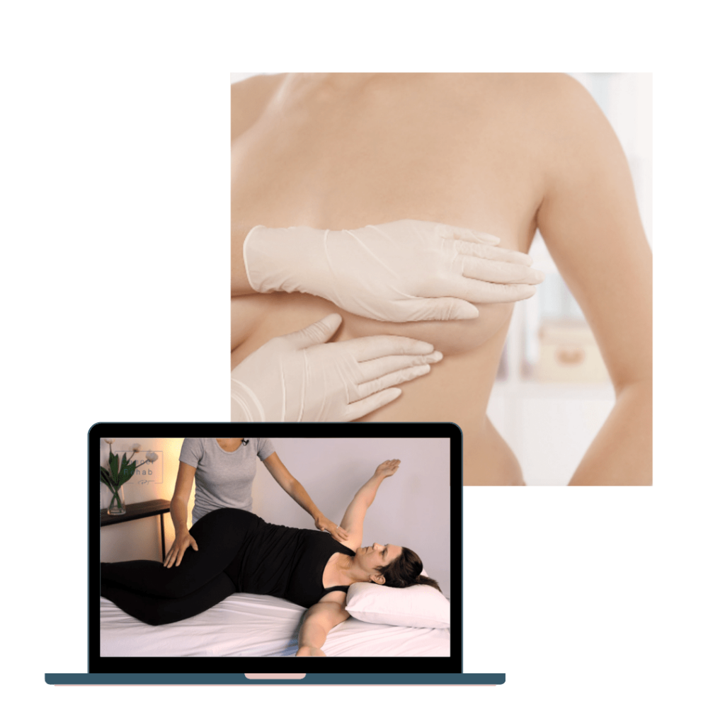 A laptop displays a physical therapist guiding a woman through arm exercises, with “Cancer Rehab PT” on screen. Behind, a woman getting a breast exam done for medical reasons