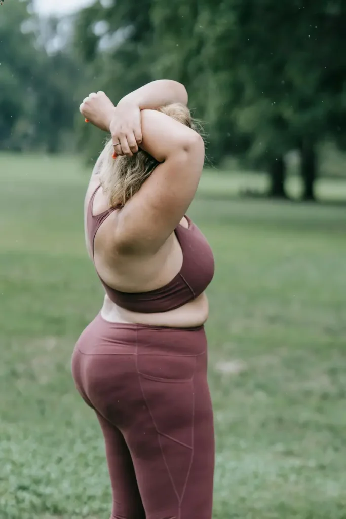 woman in purple leggings and sports bra doing a shoulder stretch, as instructed by her lymphedema physical therapist.
