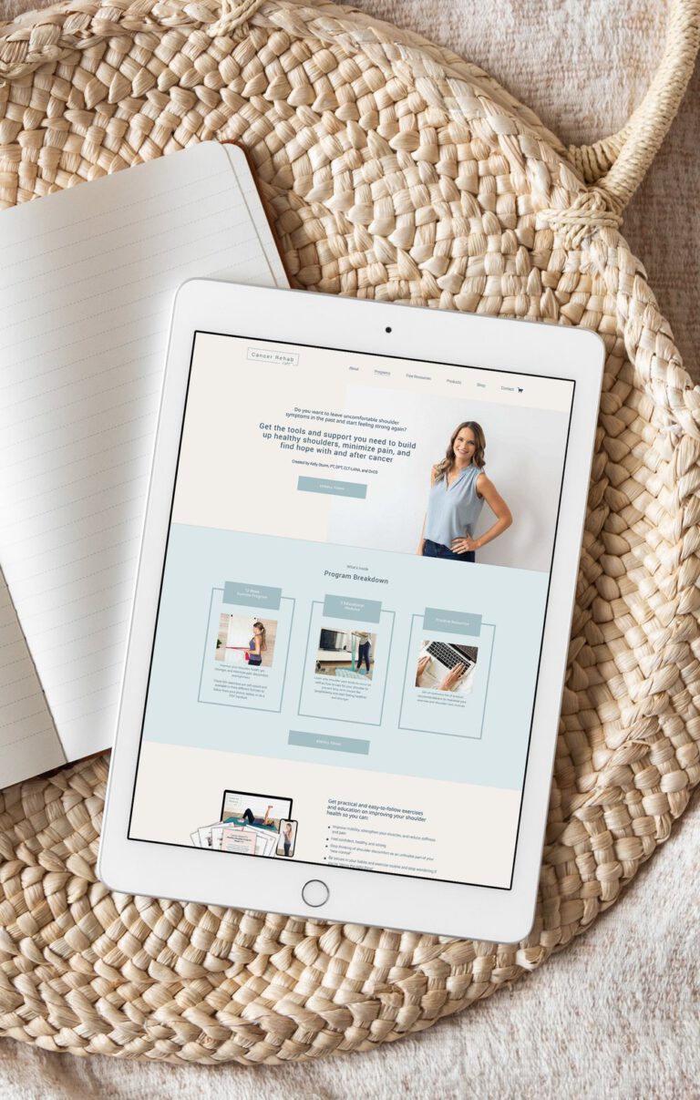 healthy shoulder program website on tablet screen sitting on woven table