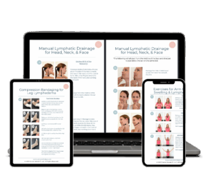 A laptop, tablet, and smartphone display lymphedema patient education guides on lymphatic drainage massage and compression bandaging, offering step-by-step instructions and images for managing swelling and lymphedema.