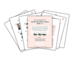 A stack of printed handouts titled Cancer Rehab PT’s Healthy Shoulder Program Week 1–2, featuring exercise instructions and illustrations for enhancing shoulder strength and mobility after cancer surgery. It's a physical therapy for shoulder pain program.