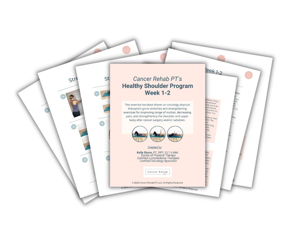 A stack of printed handouts titled Cancer Rehab PT’s Healthy Shoulder Program Week 1–2, featuring exercise instructions and illustrations for enhancing shoulder strength and mobility after cancer surgery. It's a physical therapy for shoulder pain program.