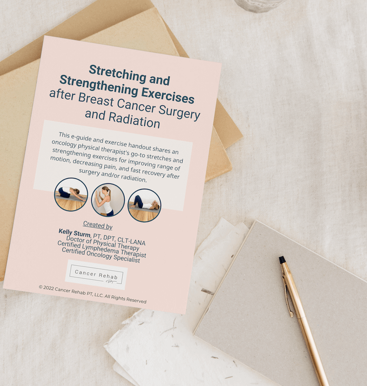 A pamphlet titled “Stretching and Strengthening Exercises after Breast Cancer Surgery and Radiation” rests on a white table beside a pen, a spiral notebook, and a brown envelope.