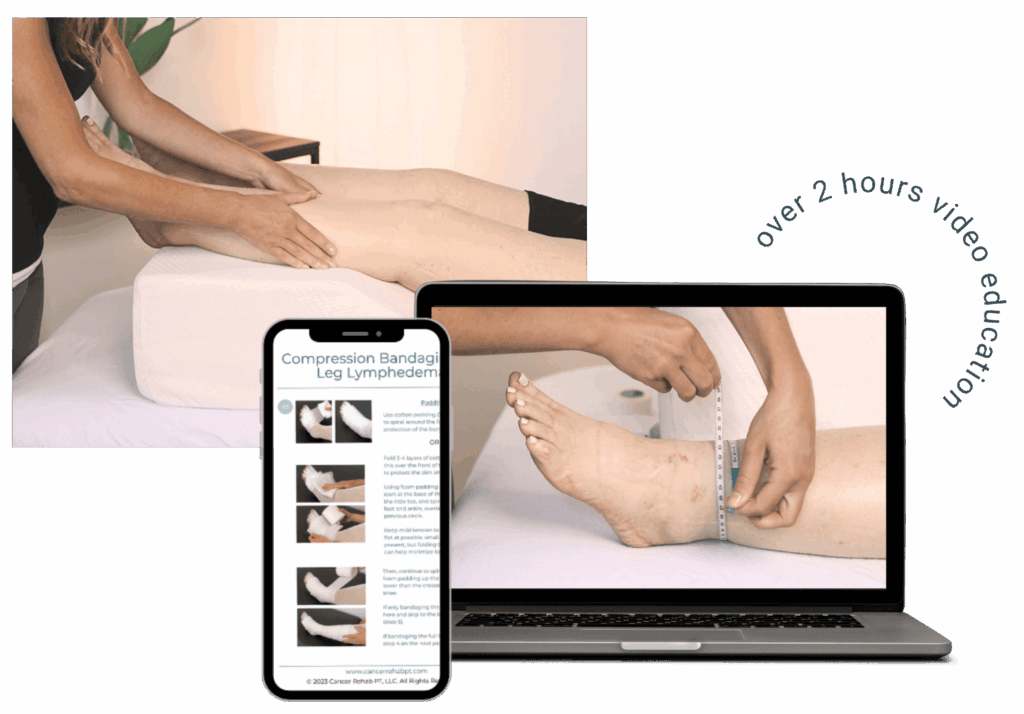 A person’s do lymphatic drainage on client's legs on a bolster. another measuring the ankle, shown on a smartphone screen—useful for those managing lower body lymphedema or seeking leg lymphedema treatment resources.