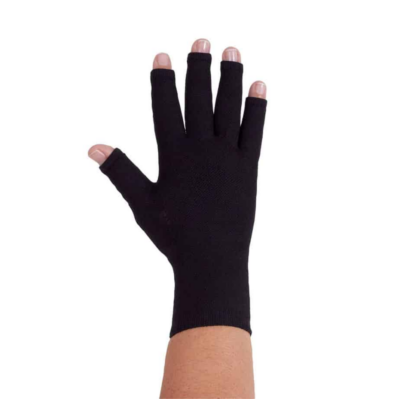 hand with black compression glove for arm lymphedema