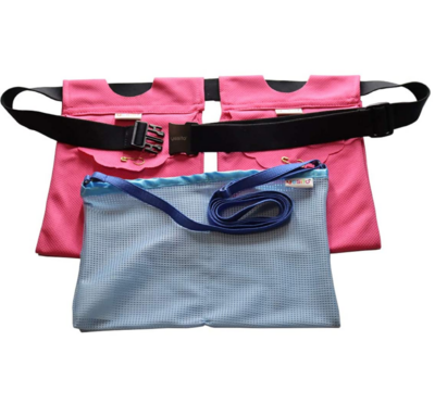 Pink drain belt and blue shower lanyard