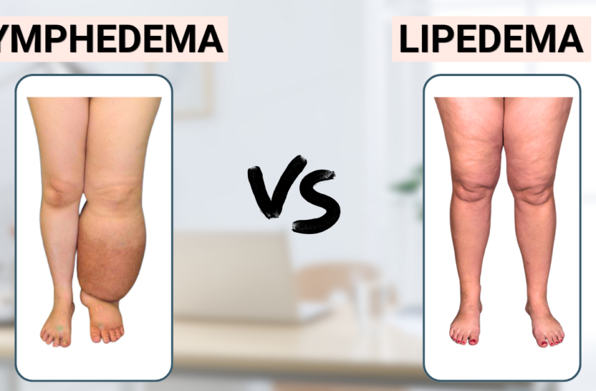 Comparison image labeled “lipedema vs lymphedema” features a swollen, enlarged leg with lymphedema on the left and symmetrically swollen legs with lipedema on the right, highlighting the key differences between these conditions.