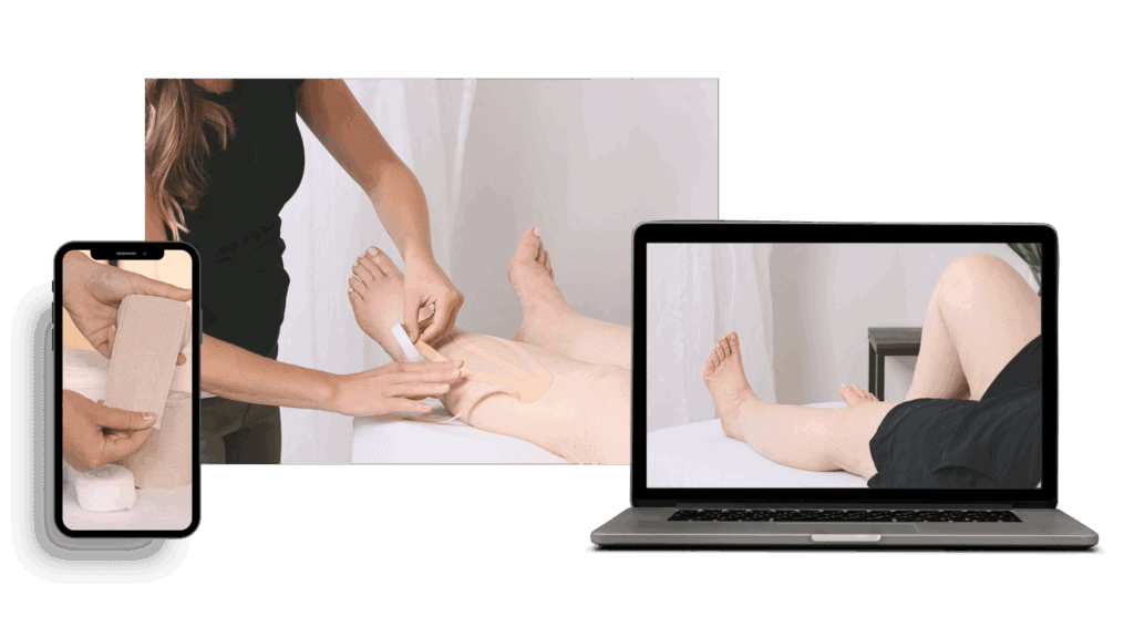 A person demonstrates compression bandaging on a leg in three views, illustrating how to care for skin with leg lymphedema: a close-up on a smartphone, a wider view on a laptop, and hands applying kinesiology tape.