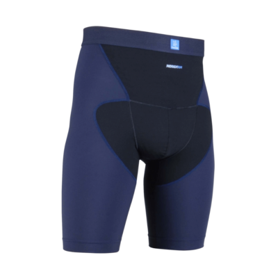 navy and black compression shorts with white background