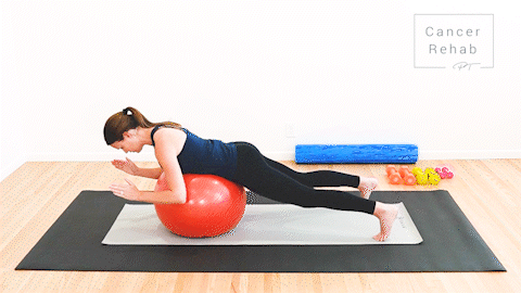 animated clip of physical therapist laying on her stomach on a yoga ball with arms and elbows best and squeezing shoulder blades back and together in a W position for a Ball W
