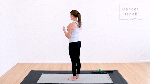 animated clip of physical therapist standing with elbows by her sides and bent. squeezing shoulder blades back and together