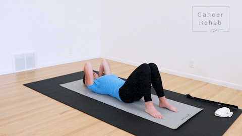 animated clip of a physical therapist lying on a yoga mat, hands behind her head, letting elbows fall out to the sides for a stretch