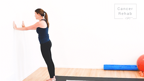 animated clip of physical therapist standing in front of a wall demonstrating a wall push up