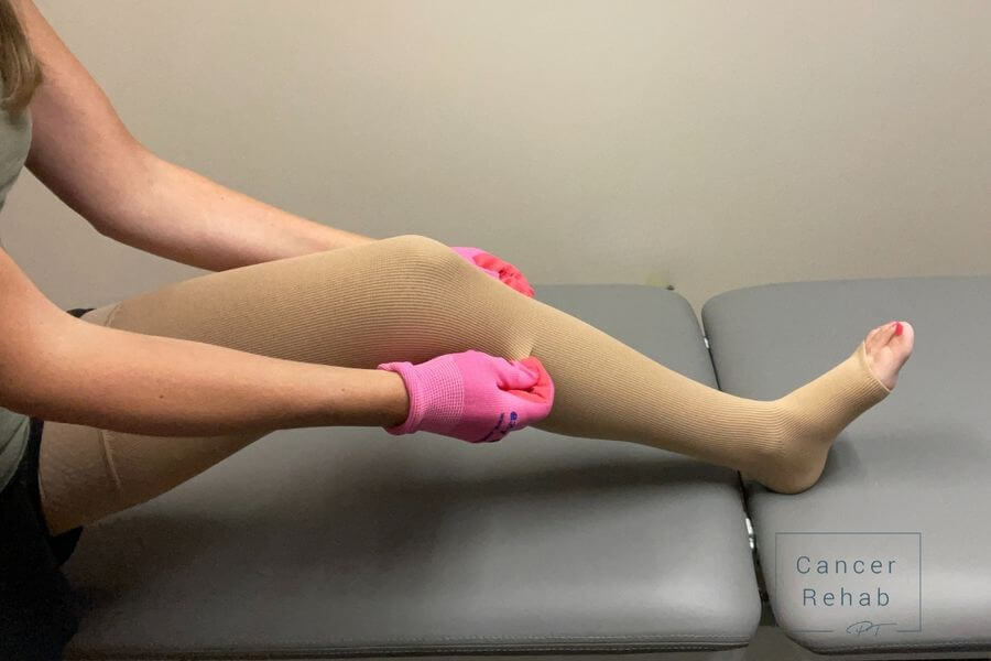 pull a thigh high compression garment using donning gloves