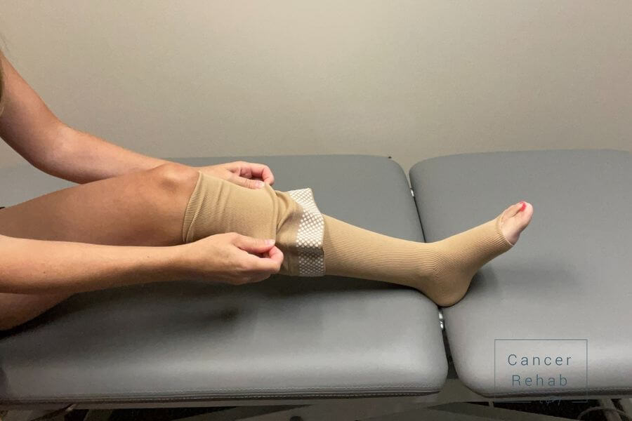 thigh high sock being pulled on starting at the knee