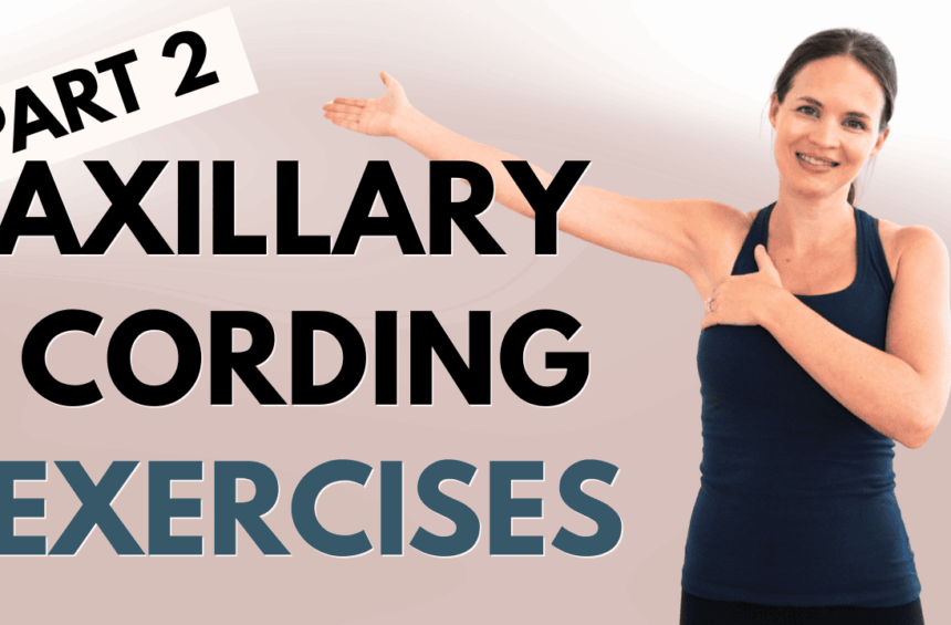Woman in exercise attire demonstrates an arm stretch; text reads "Part 2 breast-cancer-cording-exercises.