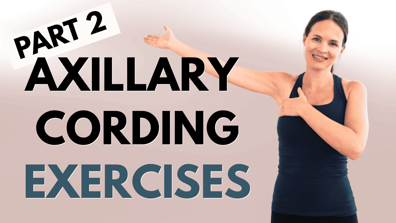 Woman in exercise attire demonstrates an arm stretch; text reads "Part 2 breast-cancer-cording-exercises.