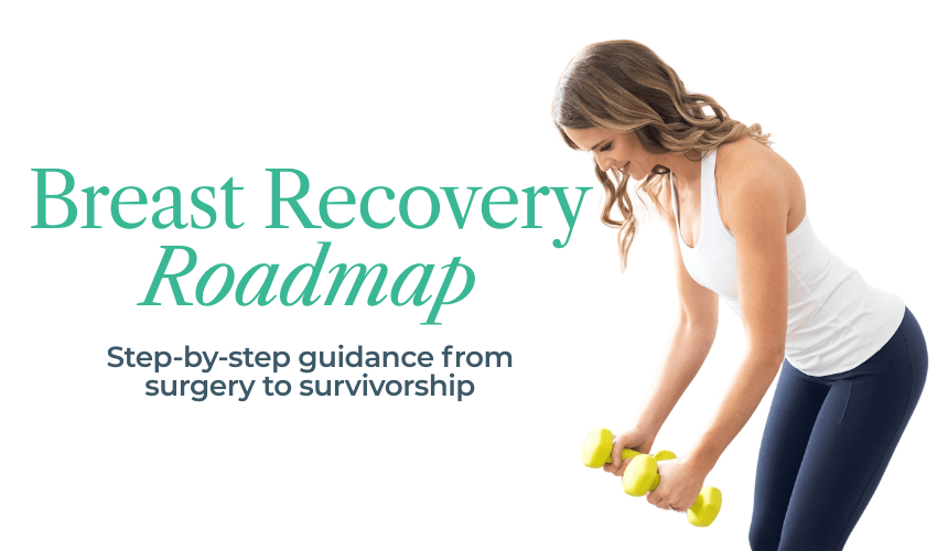 physical therapist showing a bent over row with yellow dumbbells with text Breast Recovery Roadmap