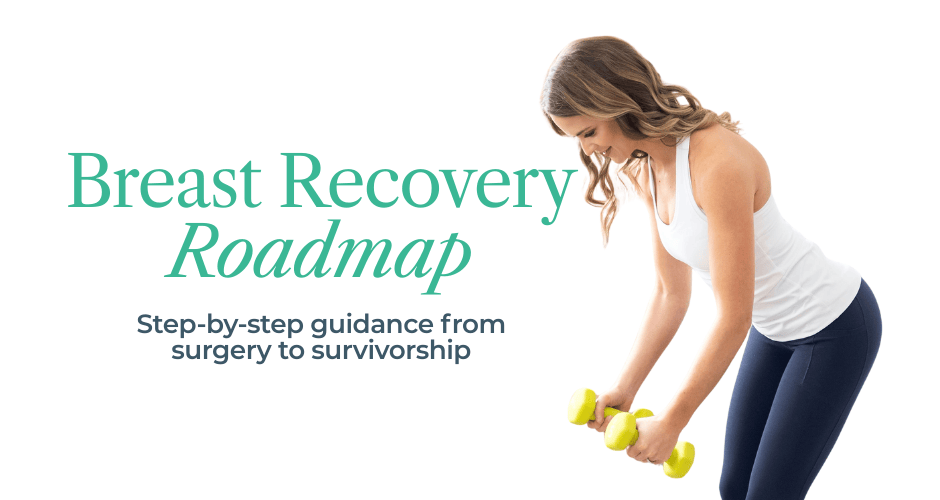 physical therapist showing a bent over row with yellow dumbbells with text Breast Recovery Roadmap