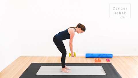 animated clip of physical therapist standing on a yoga mat, bent over, holding light yellow dumbbells, showing a bent over row exercise