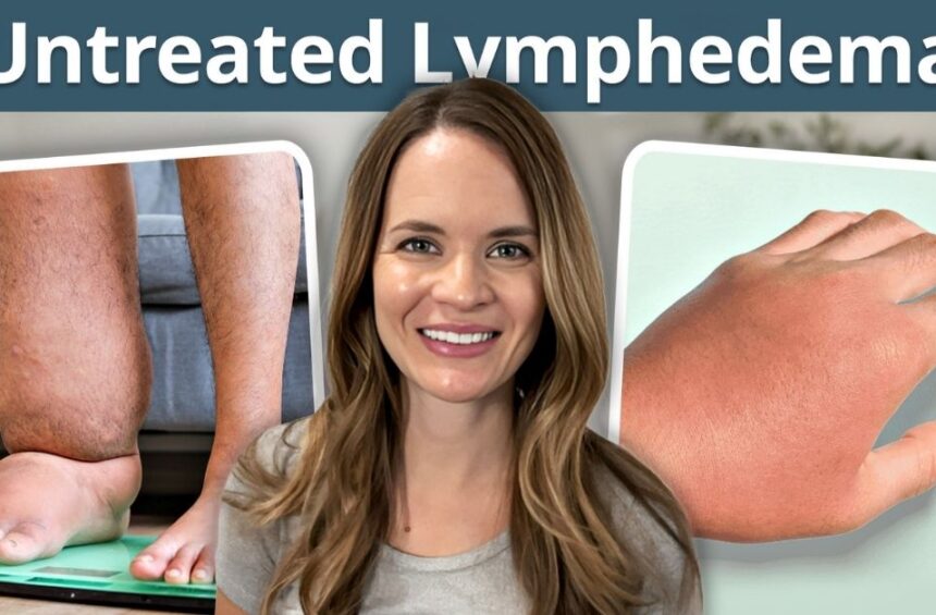A headshot of a certified lymphedema therapist and images depicting cellulitis in a hand and stage 3 lymphedema in a leg.