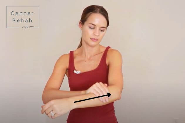 A certified lymphedema therapist using her whole hand to drain fluid from the lower arm and hand. She is guiding the lymph fluid from the wrist to elbow.