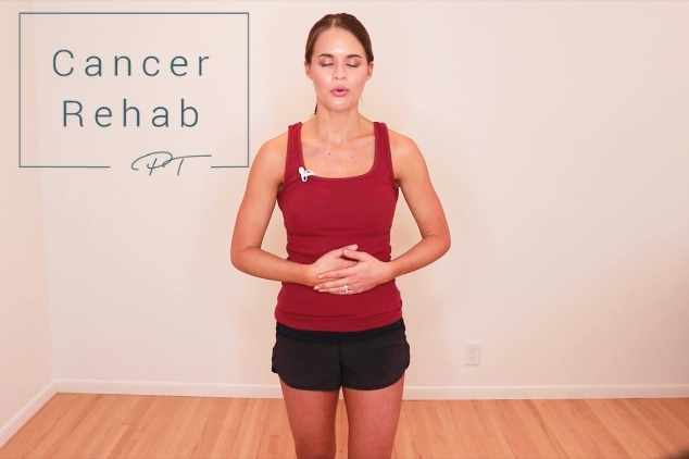 A certified lymphedema therapist taking a deep belly breath.