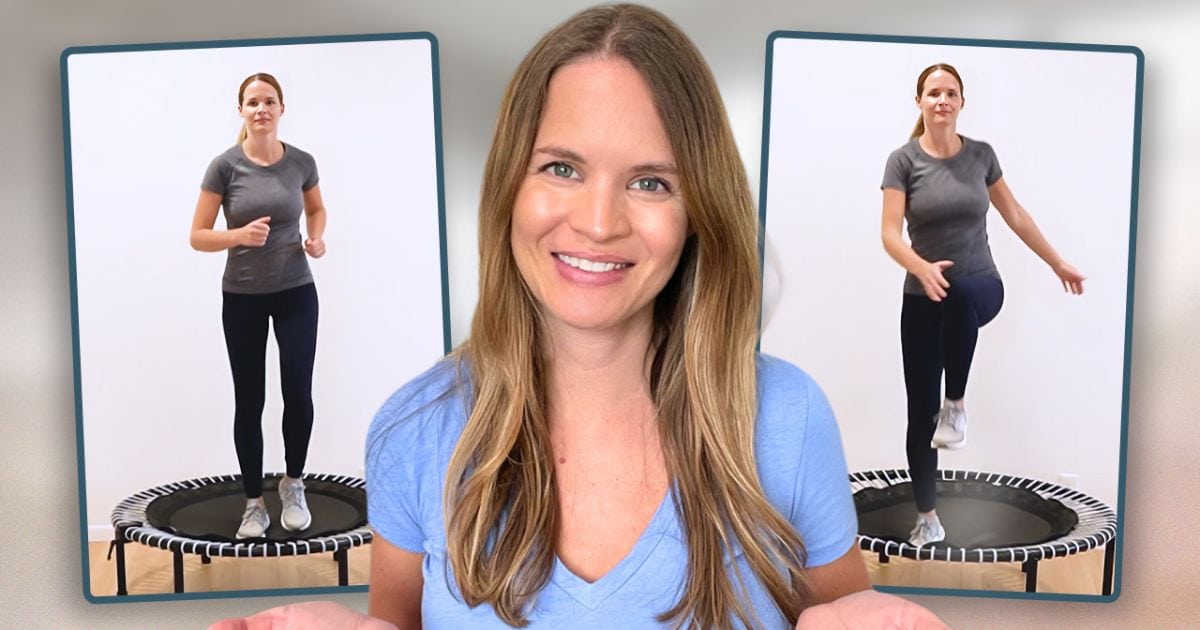 A certified lymphedema therapist demonstrating rebounder workout exercise movements on mini trampolines.