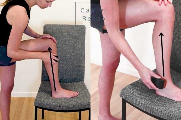A certified lymphedema therapist demonstrating the correct direction for dry brushing the legs.