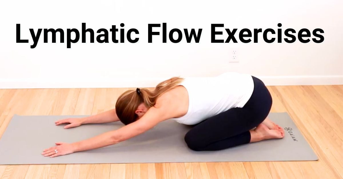 A certified lymphedema therapist stretching on child's pose on a yoga mat.