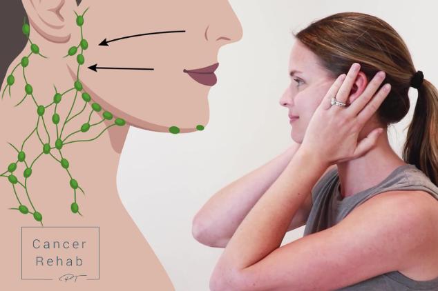 A woman using her hands to massage the lymph nodes around her ears.