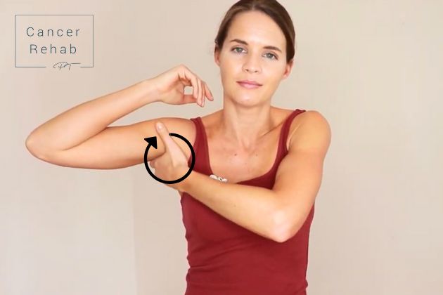 A certified lymphedema therapist using her fingers to stimulate the lymph nodes in her armpit.