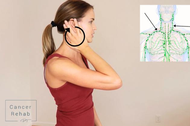 A certified lymphedema therapist using her fingers to stimulate the lymph nodes in the head and neck.