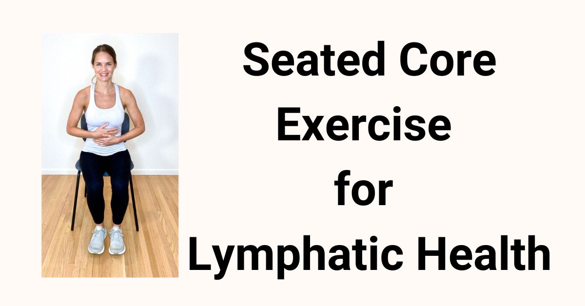 A woman sitting in a chair as she does deep breaths before a seated core workout for lymphatic flow.