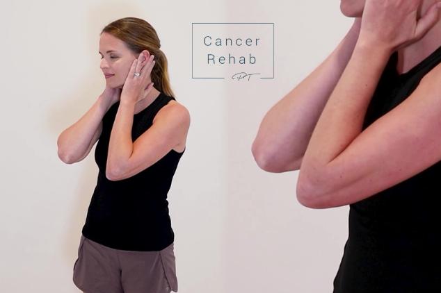 A woman completing a full body self lymphatic drainage massage. She is using her hand to massage the area around her ears.