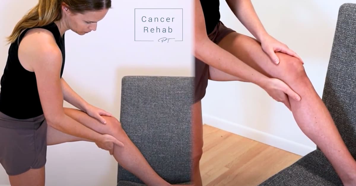 A woman using her hands to complete a self lymphatic drainage massage, moving the fluid out of her upper thigh and leg.