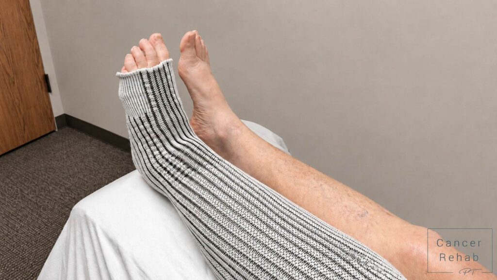 legs on bolster in therapy office with left leg covered by Haddenham Comfiwave night garment