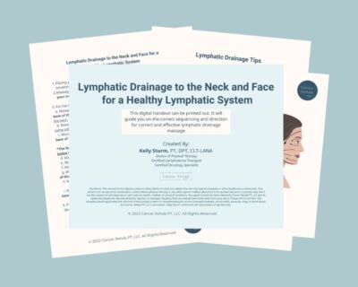 A digital handout titled Lymphatic Drainage to the Neck and Face for a Healthy Lymphatic System by Kelly Sturm is displayed, with illustrations and text in the background about lymphatic drainage techniques.